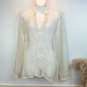 Vintage Luly K New York sheer white long-sleeve embroidered/ sequin tunic top